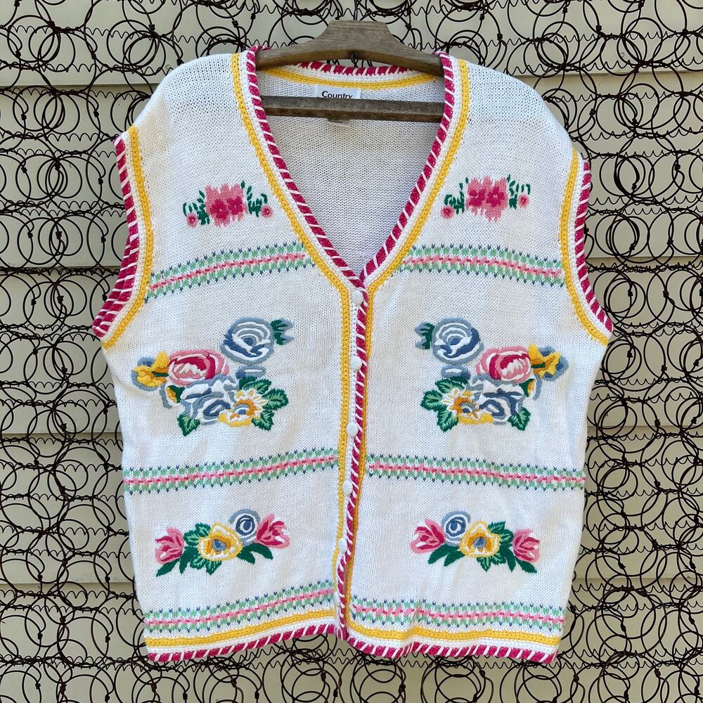Country Suburbans pastel floral embroidered sweater vest XL